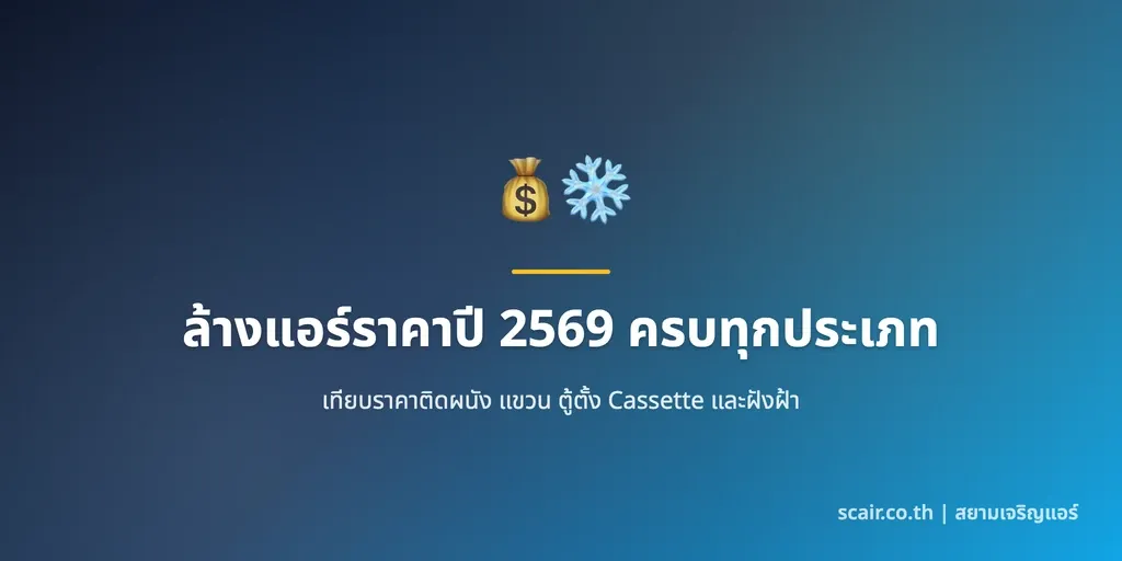 ภาพประกอบบทความเทียบราคาล้างแอร์ปี 2569 แยกตามประเภทแอร์ติดผนัง แขวน และฝังฝ้า โดยสยามเจริญแอร์