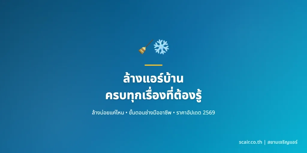 ภาพปกคู่มือล้างแอร์บ้าน แสดงไอคอนช่างแอร์กำลังทำความสะอาด พร้อมหัวข้อสัญญาณและราคาอัปเดต ติดโลโก้ scair.co.th